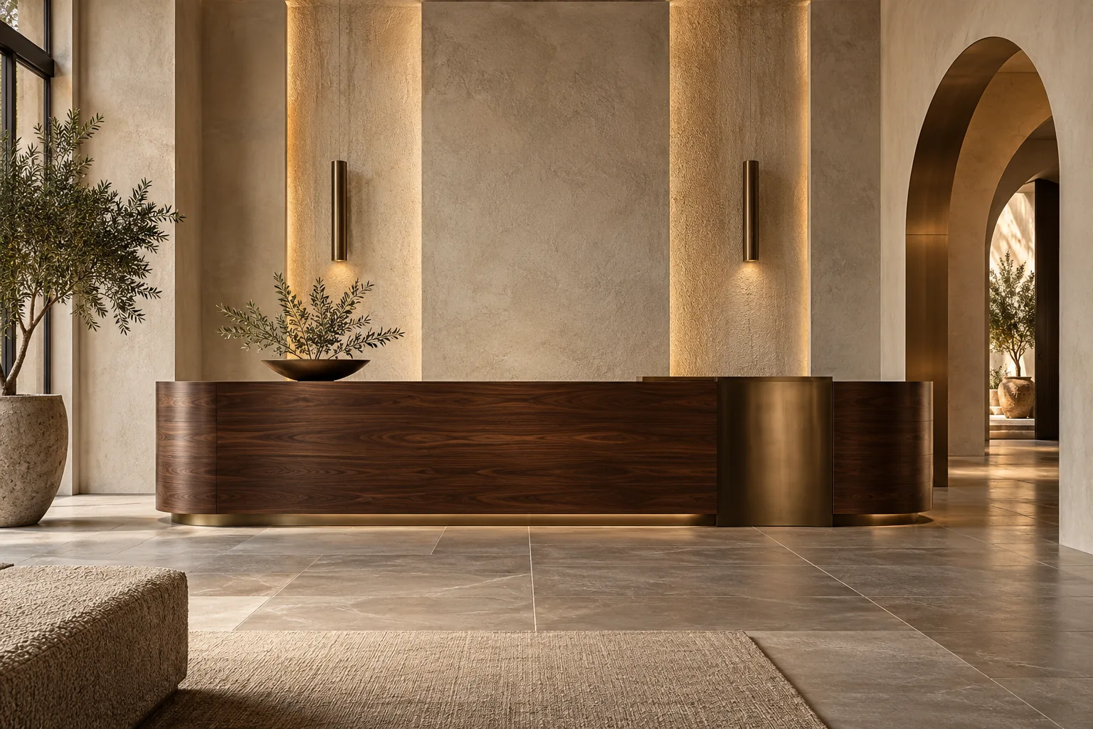 Walnut hospitality reception and sculptural archway, concept interior
