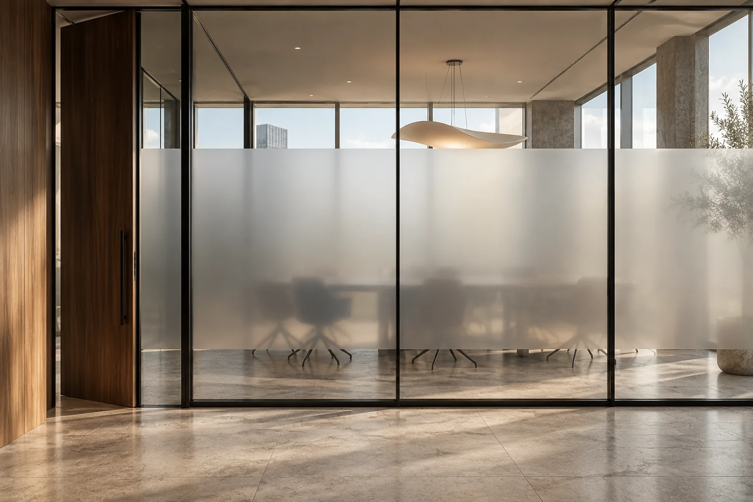 Frosted glass privacy partition in a contemporary office concept