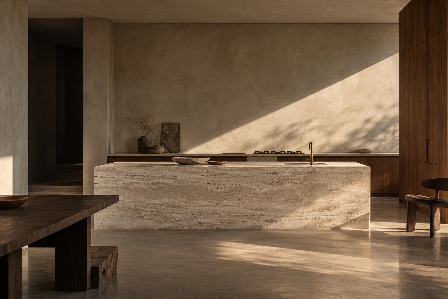 Travertine and walnut kitchen, illustrative interior study