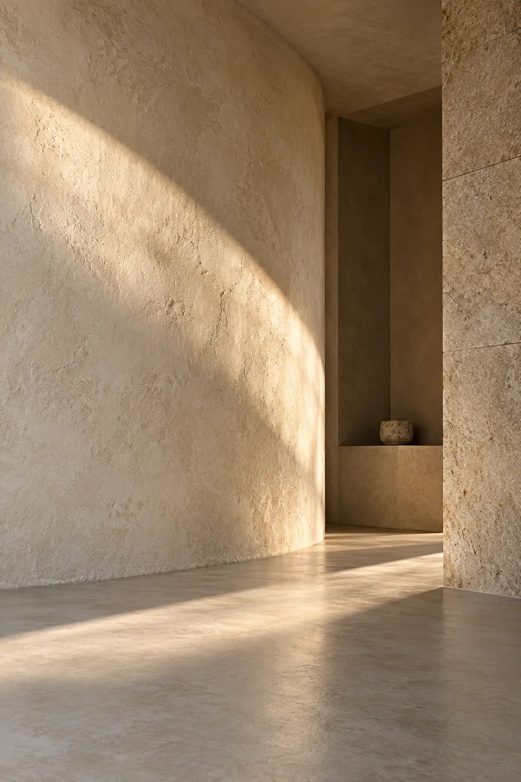 Curved mineral plaster wall with a recessed alcove, concept study