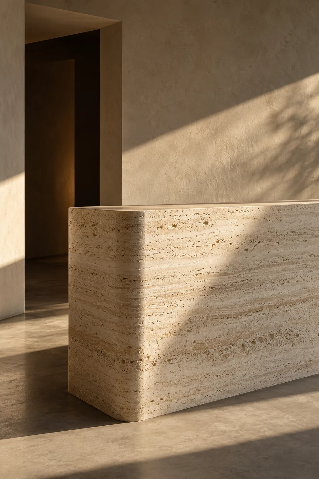 Travertine reception counter in a sunlit architectural concept